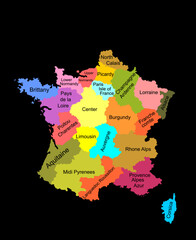 Colorful vector map of France vector silhouette illustration isolated on black background. French autonomous communities. Detailed France regions administrative divisions, separated provinces map.