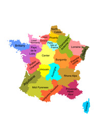 Colorful vector map of France vector silhouette illustration isolated on white background. French autonomous communities. Detailed France regions administrative divisions, separated provinces map.