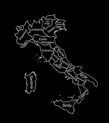 Vector map of Italy line contour silhouette illustration isolated on black background. Italy autonomous communities. Detailed Italian regions administrative divisions, separated provinces. outline map