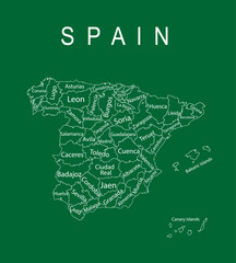 Spain map line contour vector silhouette illustration isolated on green background. High detailed. Spain Autonomous communities. Administrative divisions, separated provinces. Europe state, EU member. - obrazy, fototapety, plakaty