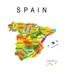 Colorful Spain map vector silhouette illustration isolated on white background. High detailed. Autonomous communities of Spain. Administrative divisions, separated provinces. Europe state, EU member. - obrazy, fototapety, plakaty