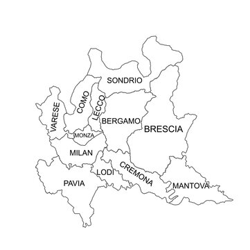 Lombardy map line contour vector silhouette illustration isolated on white background. Italy, regions administrative divisions scheme plan. Separated provinces territory map.