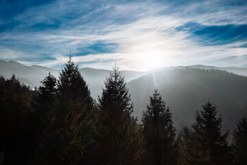 Summer mountains.View of hills in mist.Carpathians. Ukraine.