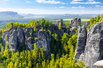 Panorama view of the Bastei. The Bastei is a famous rock formation in Saxon Switzerland National Park, Germany