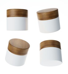 Four different views of glossy white cream jar with wooden cap, 3D render cosmetic product packaging isolated on white background