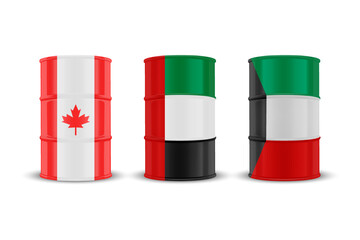 Canada, United Arab Emirates, Kuwait Oil Barrels. Vector 3d Realistic Metal Enamel Oil Barrel Isolated. Crude, Oil Barrel Design Template