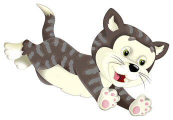 Cartoon happy cat standing smiling - milk in the bowl - isolated - illustration for children