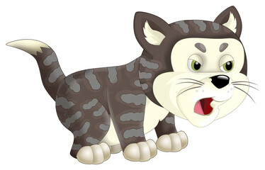 Cartoon happy cat standing smiling - milk in the bowl - isolated - illustration for children