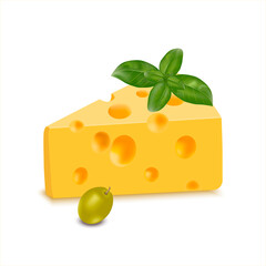Delicious swiss cheese. Emmental hard cheese slice, triangular piece with holes. Dairy product. Basil leaf on a piece of cheese. Realistic vector illustration isolated on white background.