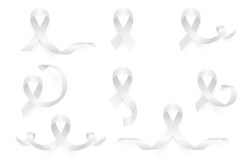 Vector 3d Realistic Clear White Ribbon Set. Lung Cancer Awareness Symbol Closeup. Cancer Ribbon Template. World Lung Cancer Day Concept