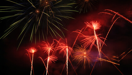 Fogo de artifício com duas cores vermelho e verde, fogo preso e fogo aberto no céu