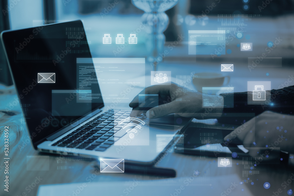 Poster close up of businessman hands using laptop and tablet with abstract glowing digital transformation h