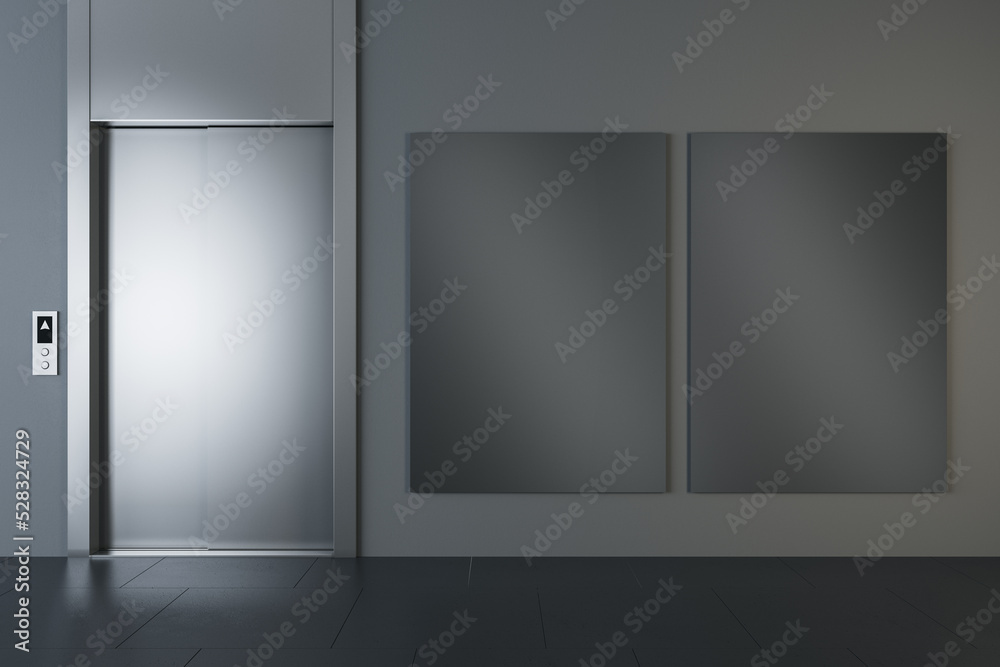 Poster Modern concrete office interior with elevator and empty black mock up banner. 3D Rendering.