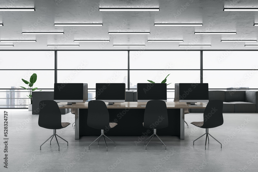 Poster clean designer coworking office interior with furniture and window with city view. 3d rendering.