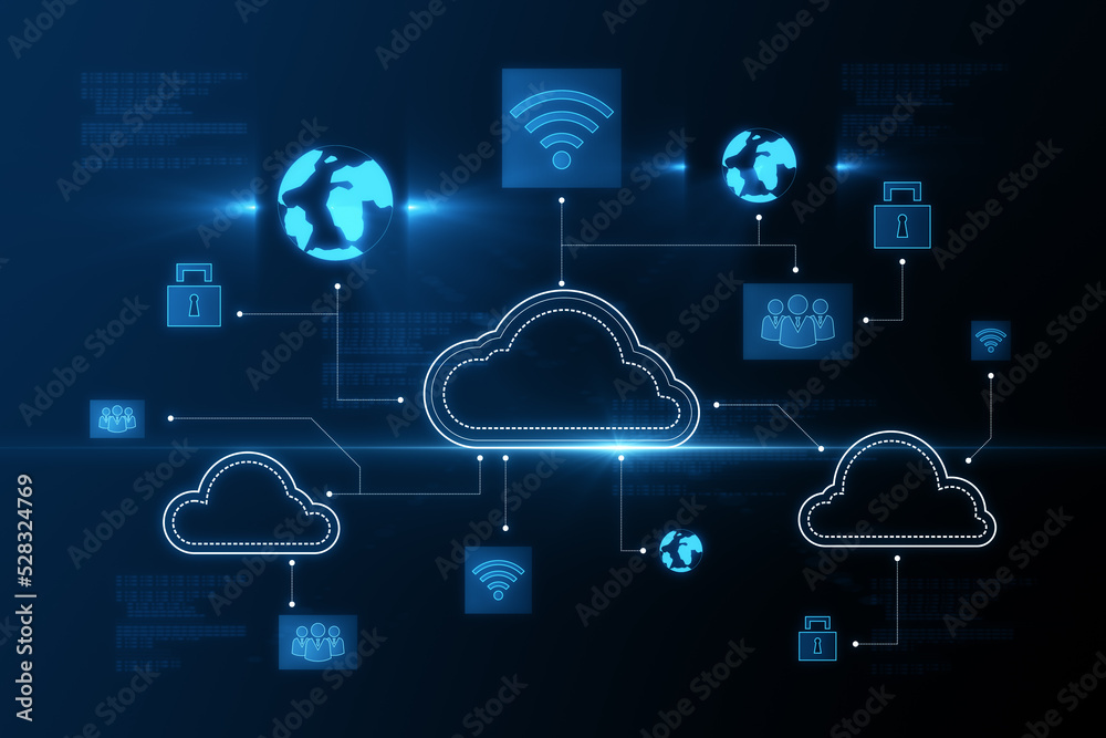 Aufkleber Creative digital cloud computing background. Cloud data and service concept. 3D Rendering.