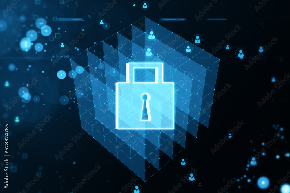 Poster Creative glowing blue padlock grid hologram on blurry bokeh background. Secure, safety and web protection concept. 3D Rendering.
