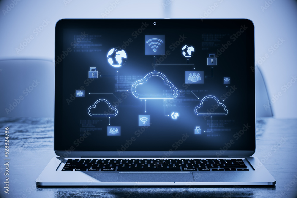 Poster Close up of laptop at workplace with creative digital cloud computing hologram on blurry background. Cloud data and service concept. 3D Rendering.