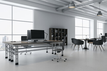 Clean white concrete coworking office interior with furniture, bookcase, window with city view. 3D Rendering.