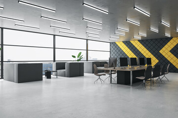 Modern designer coworking office interior with furniture and window with city view. 3D Rendering.