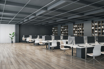 Modern designer coworking office interior with wooden flooring, furniture, bookcase and equipment. 3D Rendering.