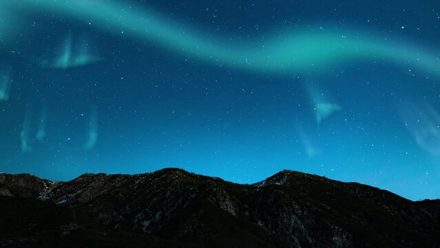 Aurora Borealis Blueish Green Loop Winter Mountain Peaks Northern Lights