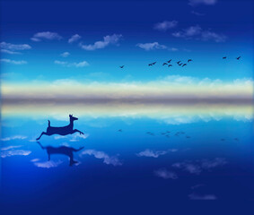 A deer runs through the water along an ocean cove shoreline at dusk in this 3-d illustration about wilderness wildlife.
