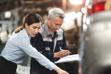 customer making inspection check to a car engine repair occupation job at garage service, mechanic technician person workshop to vehicle auto maintenance transportation, term of automobile industry