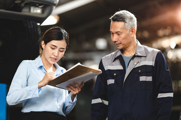 customer making inspection check to a car engine repair occupation job at garage service, mechanic...
