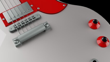 Silver-red electric guitar under black background. Concept 3D illustration of legendary rock band, advanced performance techniques and composing activities.