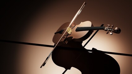 Metallic blown classic violin on blown planes under spot lighting background. 3D sketch design and illustration. 3D high quality rendering.
