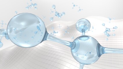 Molecular structure of clear blue atom with clear white mathematical geometric wavy surface under white lighting background. Concept 3D CG of vaccine development, regenerative and advanced medicine.