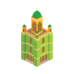 Green high tower with four dome each side and single main dome in the center. 3d image effect for landmark sources.