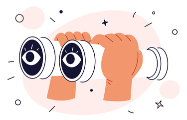 Hands hold binoculars and look through them. Big eyes looking for. Concept of searching for opportunities, decisions, spying, business ideas.