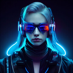 portrait of a young modern techno woman with headphones and futuristic sunglasses, fictional person created with generative ai