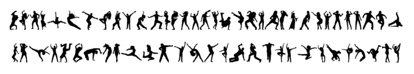 Fototapeta na wymiar A set of people dancing silhouettes in various styles