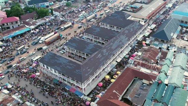 Drone shot of  Busy street, heavy traffic,Local market shopping  area,Africa congestion and  busy road in Africa