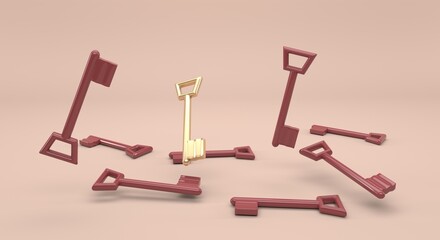 metallic keys falling with a golden key in the center (3d illustration)