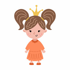 Cute princess with beautiful hairstyle. little girl in dress. Crown on head. Funny character. Illustration for children. Poster nursery.
