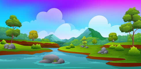 Plakat Clean blue river in the middle of the hill with mountains landscape background illustration