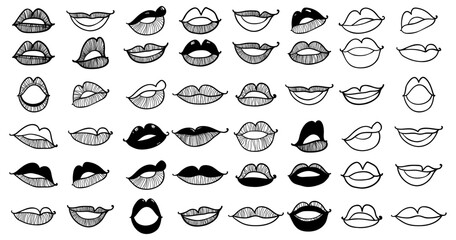 Woman lips in different variations isolated on white. Comics sketch. Vector illustration. Black and white.