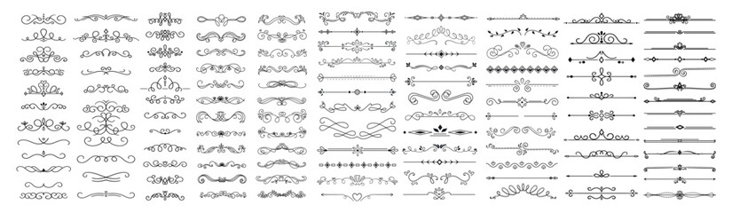 Vintage border big set. Collection of graphic elements for website. Decoration and black ornament with curved lines in vintage style. Cartoon flat vector illustrations isolated on white background - obrazy, fototapety, plakaty