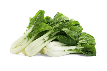Fresh green pak choy cabbages on white background
