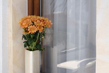 Bouquet of beautiful chrysanthemum flowers in vase near window outdoors