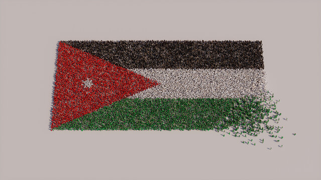 A Crowd of People congregating to form the Flag of Jordan. Jordanian Banner on White.