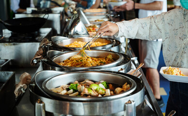 buffet food, catering food party at restaurant, mini canapes, snacks and appetizers