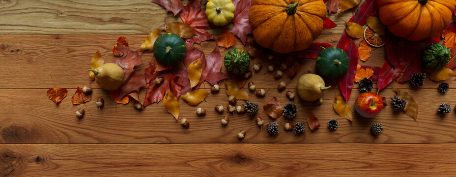 Top down view of Natural wood Tabletop with leaves, Gourds and Acorns.