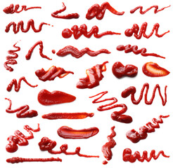 Set with tasty ketchup on white background