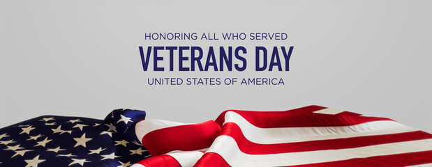 Authentic Banner for Veterans Day with United States Flag and White Background.