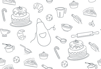 Baking seamless pattern. Repeating design element for printing on wrapping paper. Sweets, pies, cakes and sugar Christmas sticks. Picture for printing on clothing. Cartoon flat vector illustration