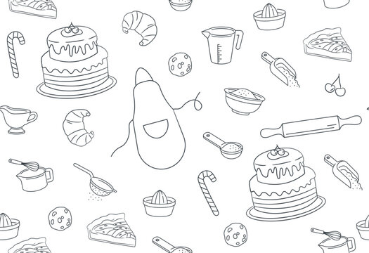Baking seamless pattern. Repeating design element for printing on wrapping paper. Sweets, pies, cakes and sugar Christmas sticks. Picture for printing on clothing. Cartoon flat vector illustration